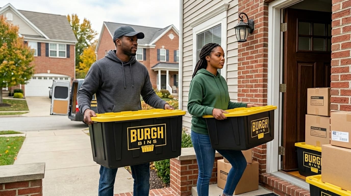 A couple carrying Burgh Bins moving bins up to their front door